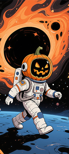 Pumpkin Astronaut Floating in a Moonlit Galaxy