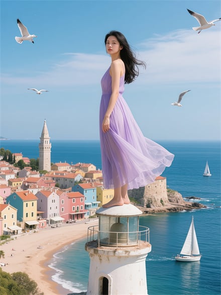 Lighthouse Purple Skirt Girl Wallpaper