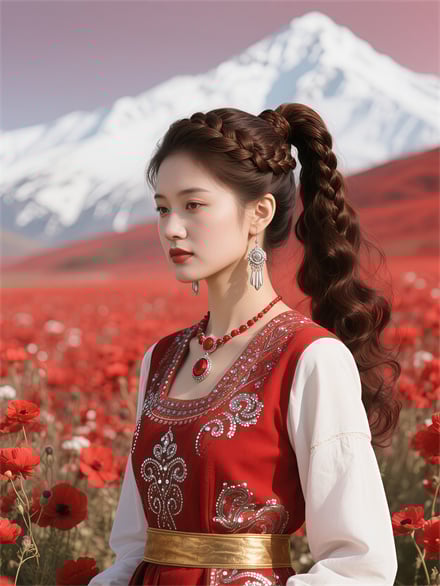 4K Red Flower Sea Art Girl