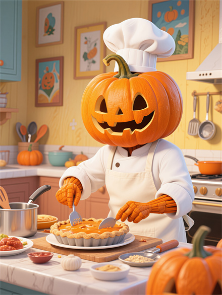 Pumpkin Head Chef Cooking Up a Spooky Stew