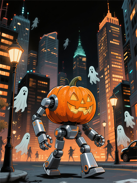 Cybernetic Pumpkin Repairing Its Rusty Bolts