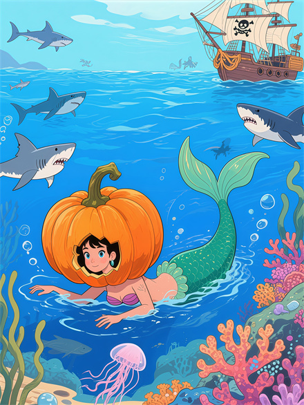 Pumpkin Mermaid Swimming in a Cauldron of Stars