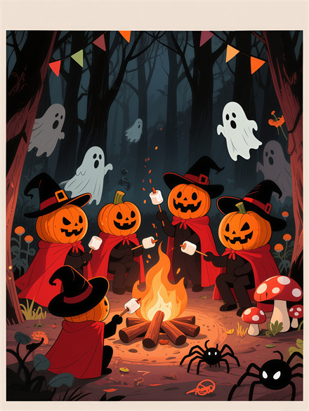 Pumpkin Crew Grilling Ghosts Over a Haunted Fire Pit