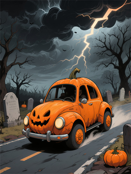 Glowing Pumpkin Coach Navigating a Foggy Cemetery Path