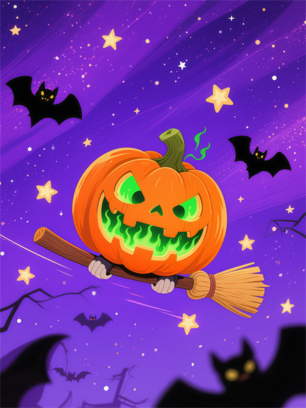 Pumpkin Witch Rider Racing Through a Moonlit Forest