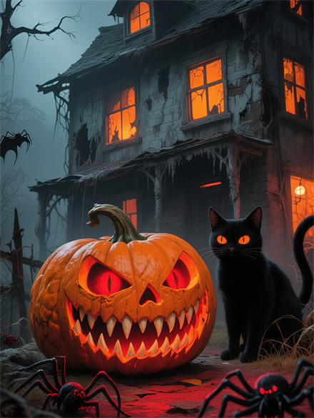 Pumpkin Ghost Haunting a Crumbling Mansion