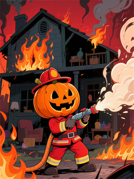 Pumpkin Rescue Squad Extinguishing a Cauldron Fire