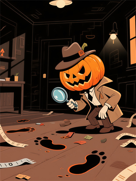 Pumpkin P.I. Examining a Clue Written in Spider Silk