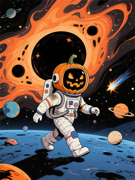 Pumpkin Astronaut Floating in a Moonlit Galaxy